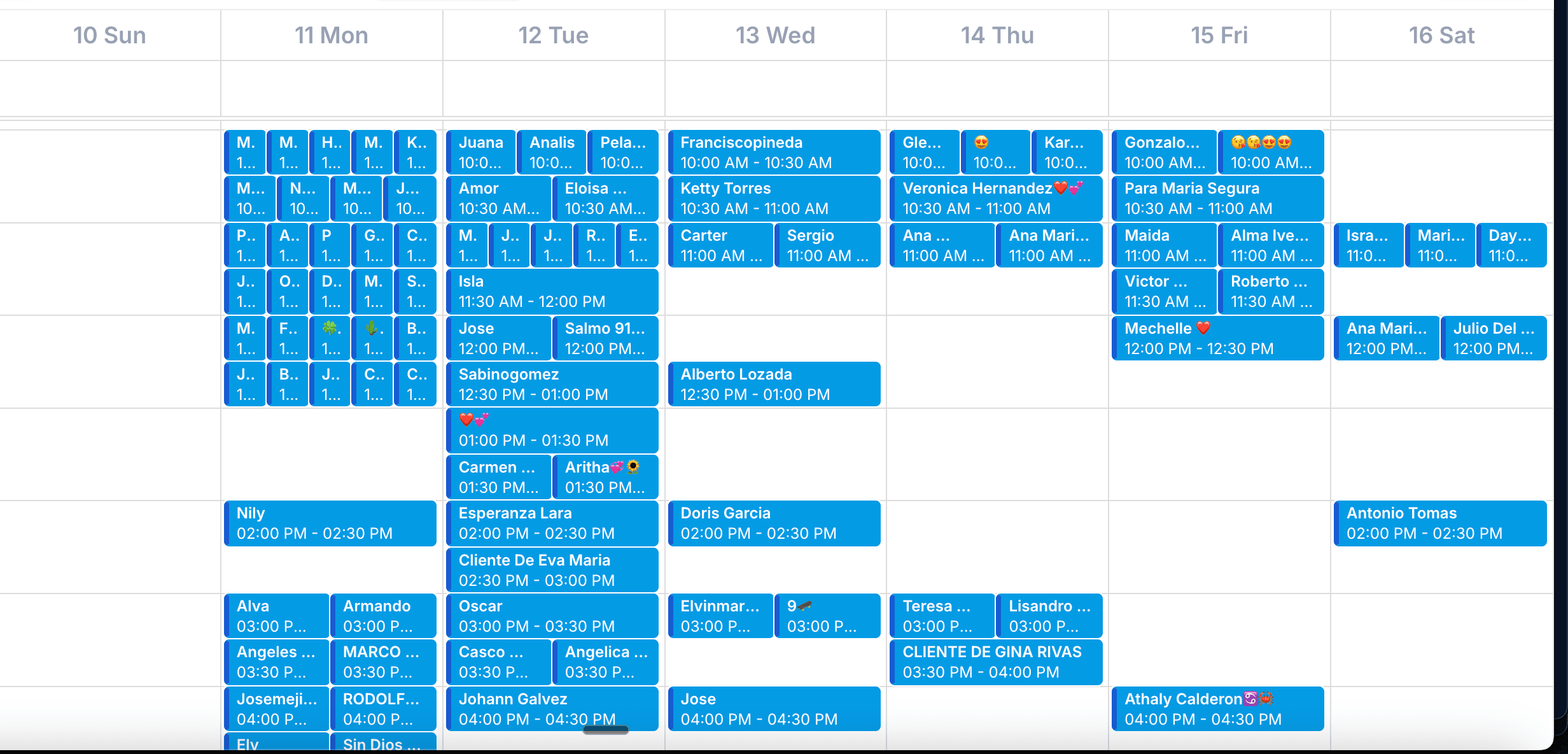 Calendario de AgentPRO CRM con las citas de la semana del 10 al 16 de mayo, cada bloque azul es una cita agendada